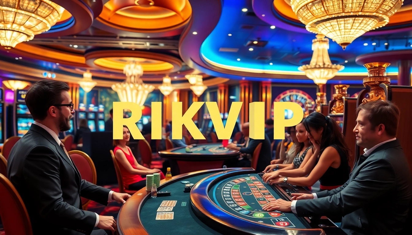 RIKVIP players enjoying high-stakes poker surrounded by luxury at an upscale casino.