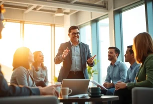 Leader sharing founder leadership insights in a collaborative office setting with a diverse team.