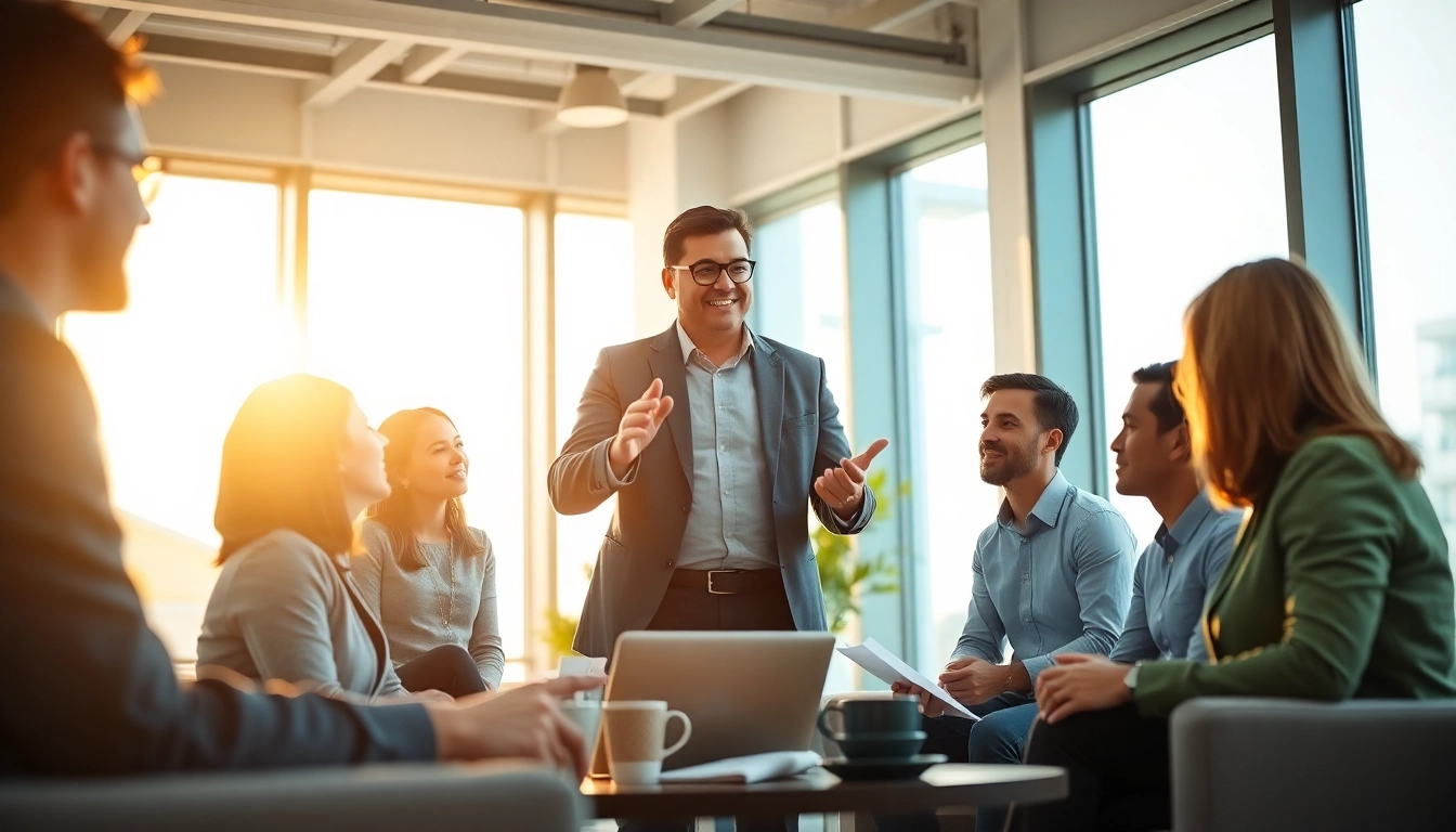 Leader sharing founder leadership insights in a collaborative office setting with a diverse team.