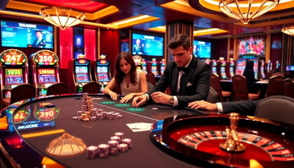 Engaging players at a luxurious table showcasing trang cá cược vua99 with poker chips and roulette.