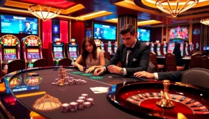 Engaging players at a luxurious table showcasing trang cá cược vua99 with poker chips and roulette.