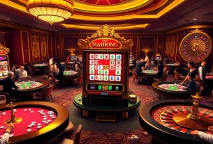 Experience the excitement of a mahjong slot demo in a luxurious casino setting with vibrant slot machines and poker tables.
