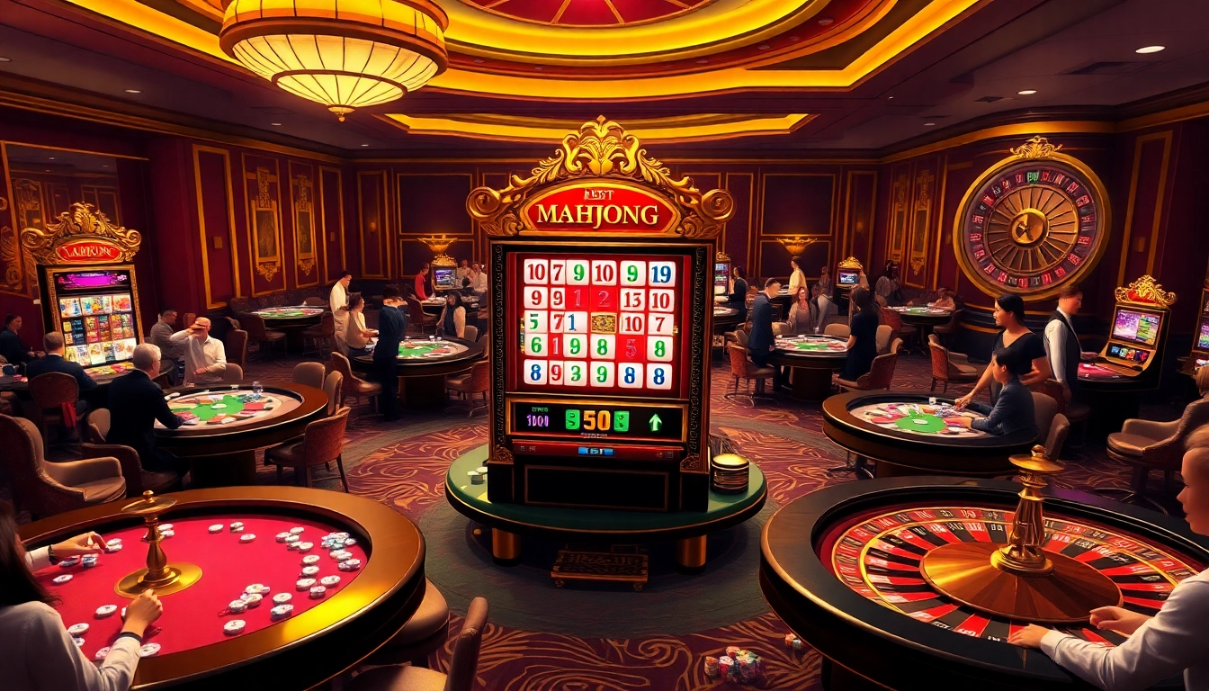 Experience the excitement of a mahjong slot demo in a luxurious casino setting with vibrant slot machines and poker tables.