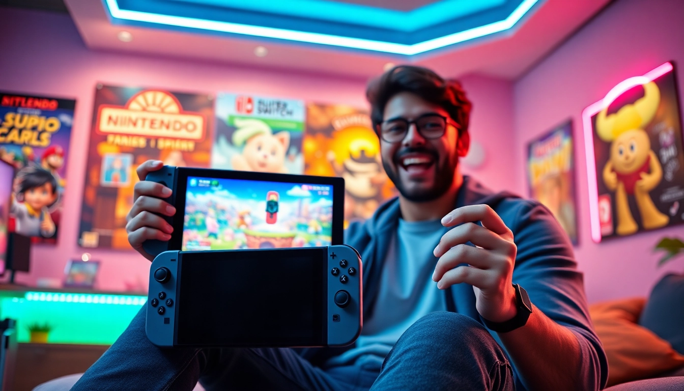 Engaging gamer unveiling the Switch 2 release date update in a vibrant gaming setup.