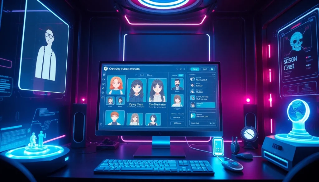 Experience NSFW character AI in a futuristic digital interface featuring customizable avatars and chat options.