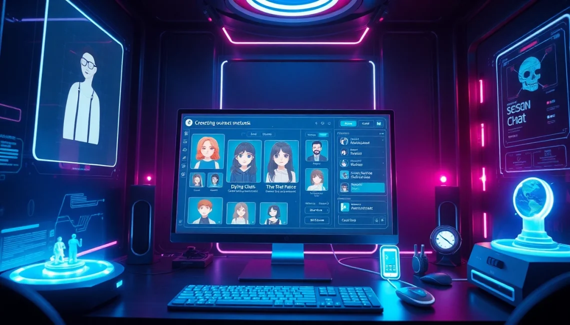 Experience NSFW character AI in a futuristic digital interface featuring customizable avatars and chat options.