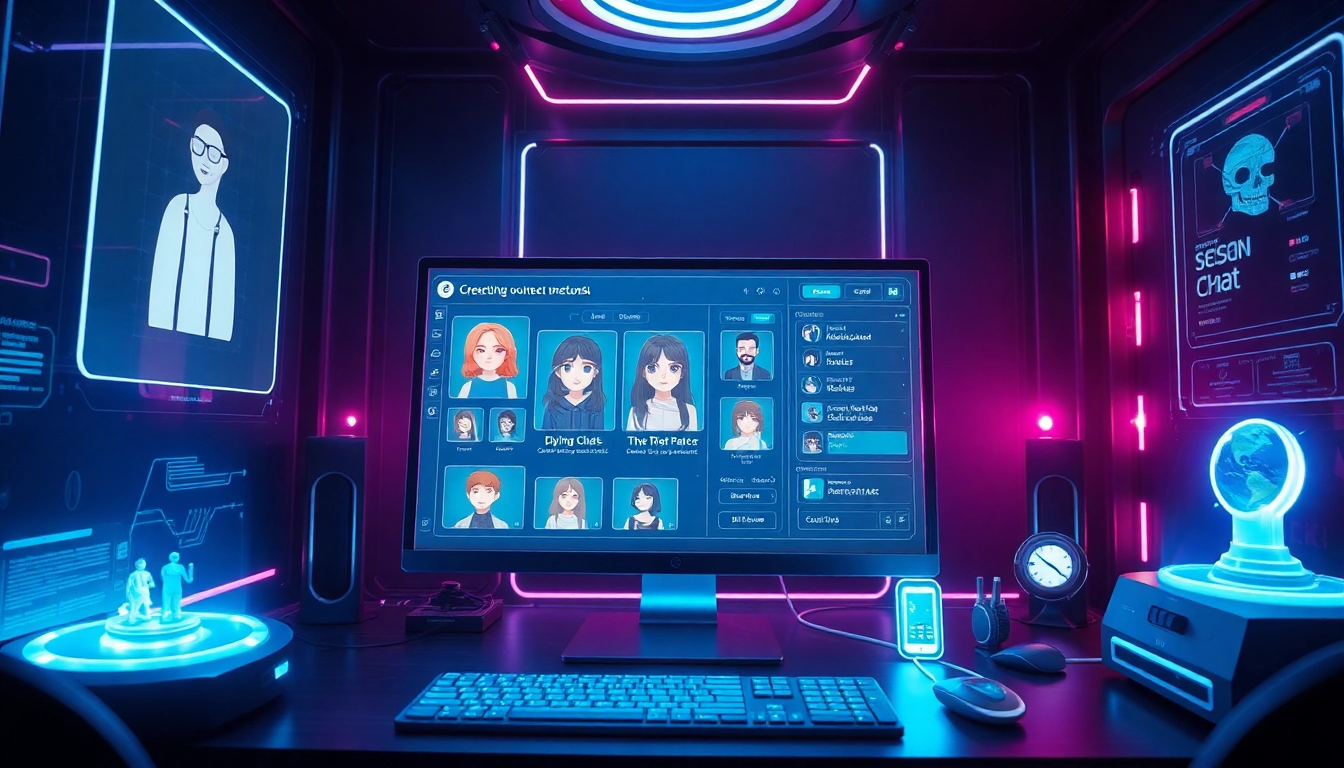 Experience NSFW character AI in a futuristic digital interface featuring customizable avatars and chat options.