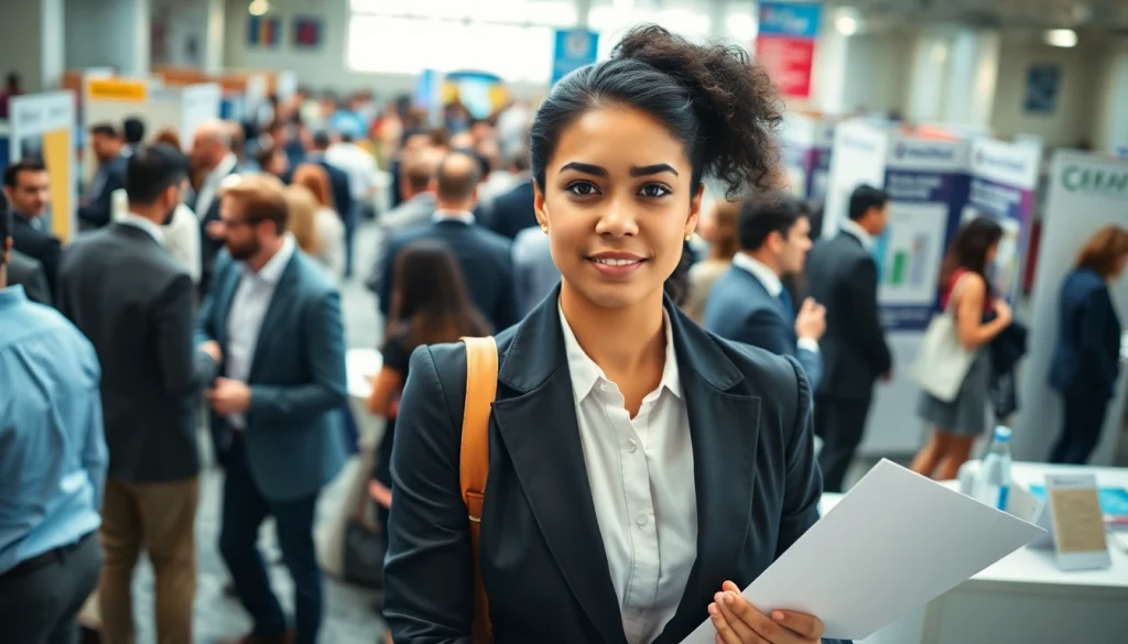 Learn how to get hired for sales jobs fast as a confident job seeker networking at a career fair.