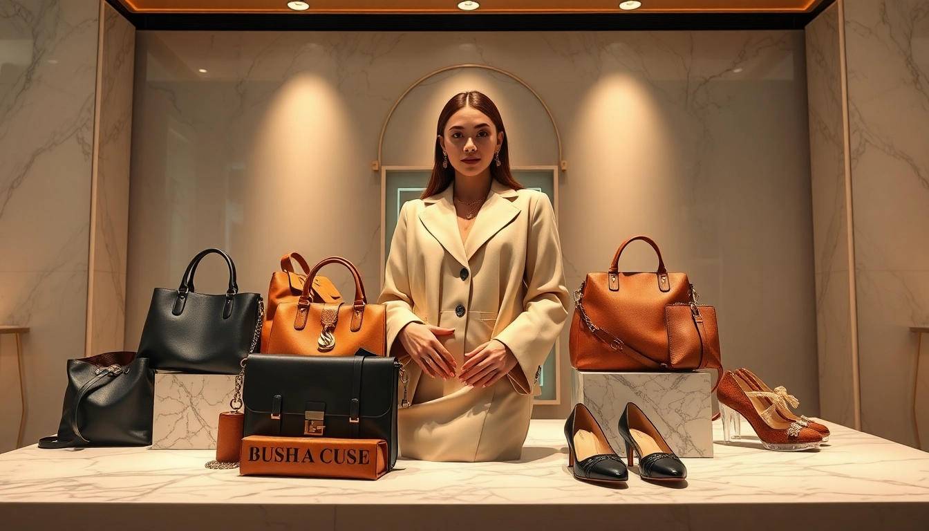 명품 이미테이션 패션 아이템을 전시하는 부티크의 세련된 모델