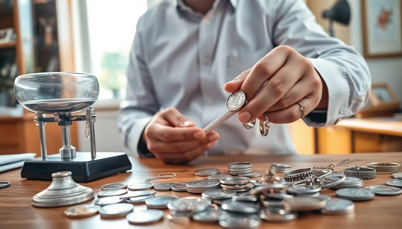Valuta compro argento con gioielli e monete in argento su un tavolo da lavoro professionale