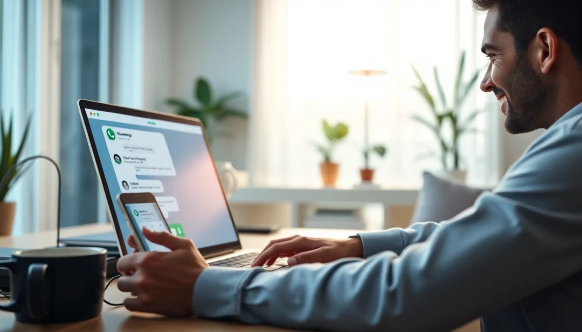 在现代家庭办公室通过 WhatsApp Web 展现 快连VPN 功能的互动场景。