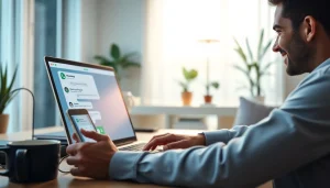 在现代家庭办公室通过 WhatsApp Web 展现 快连VPN 功能的互动场景。