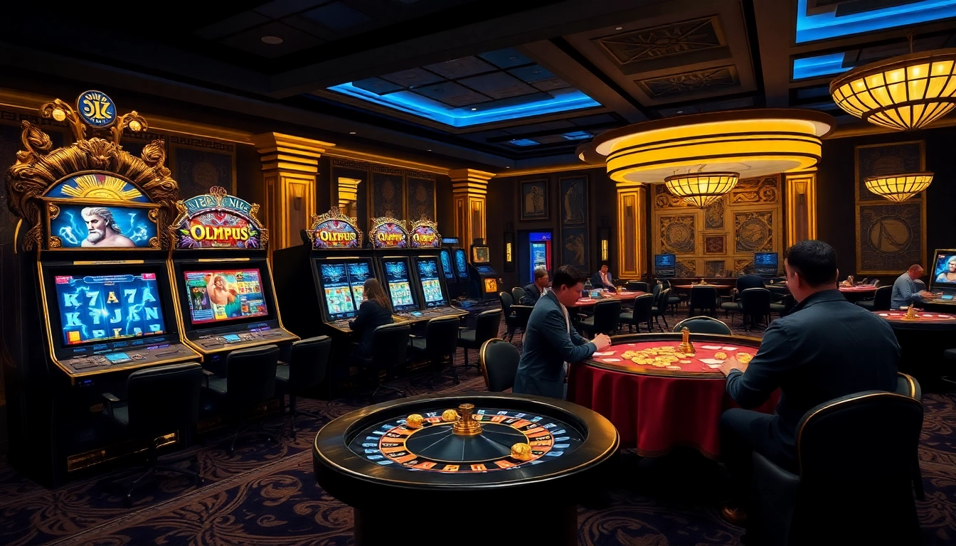 Experience thrilling gameplay with the Olympus slot at an opulent casino, featuring rich golden designs and engaged players.