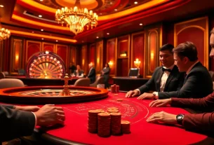 Engaging in high-stakes poker at an elegant casino, featuring https://okfun.page for online betting.