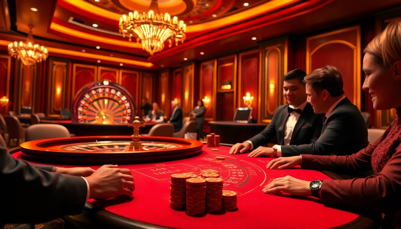Engaging in high-stakes poker at an elegant casino, featuring https://okfun.page for online betting.