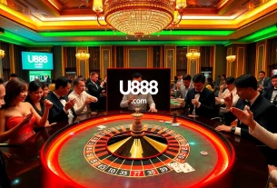 Experience thrilling gameplay at U888 com, featuring an upscale roulette table in an elegant casino.