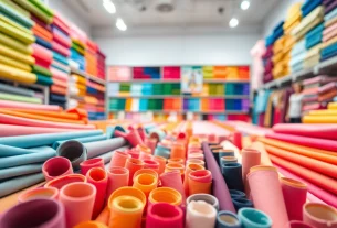 Bekijk tricot uni stoffen in kleurrijke opstelling in een textielwinkel.