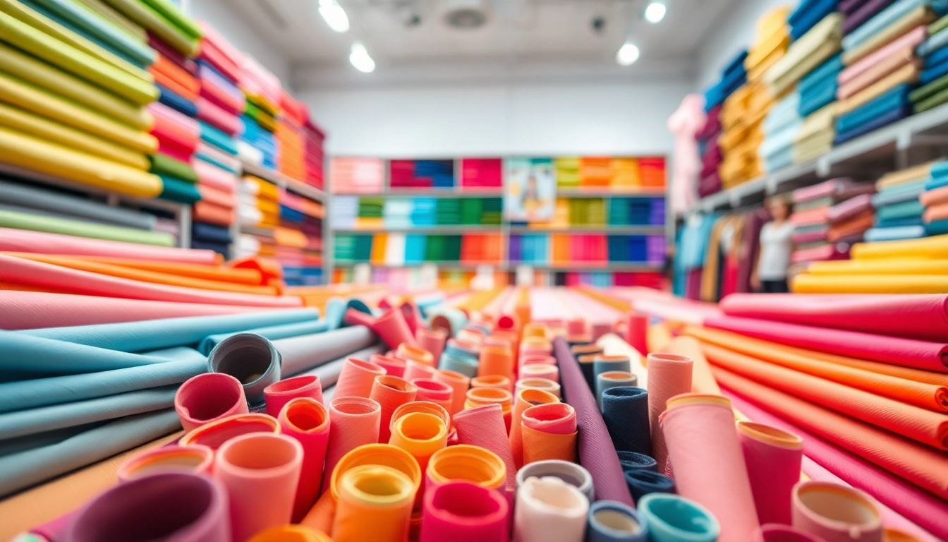 Bekijk tricot uni stoffen in kleurrijke opstelling in een textielwinkel.