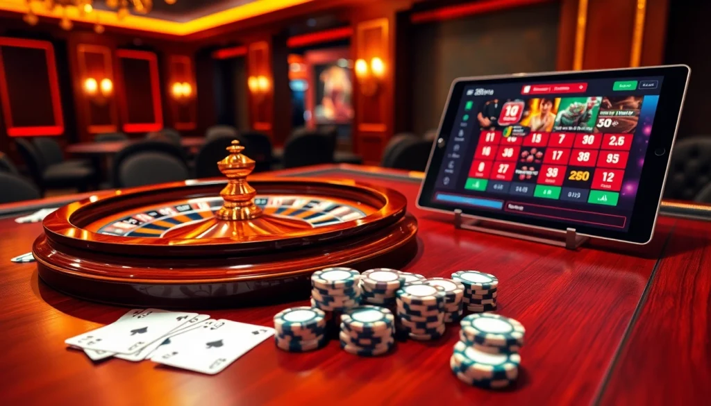 Experience the excitement of online betting at https://28betca.com/, featuring a lavish casino scene with poker chips and roulette games.
