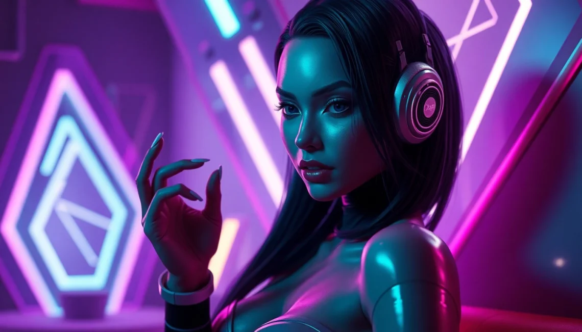 A captivating digital art piece of an AI character designed for NSFW interactions, showcasing expressive features in a neon-lit ambient space.