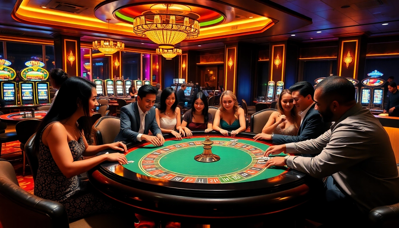 Spectacular casino scene showcasing sbobet link alternatif with players at a roulette table, engaging in exciting bets.