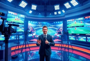 Sports Broadcasting studio with an enthusiastic host and multiple monitors.