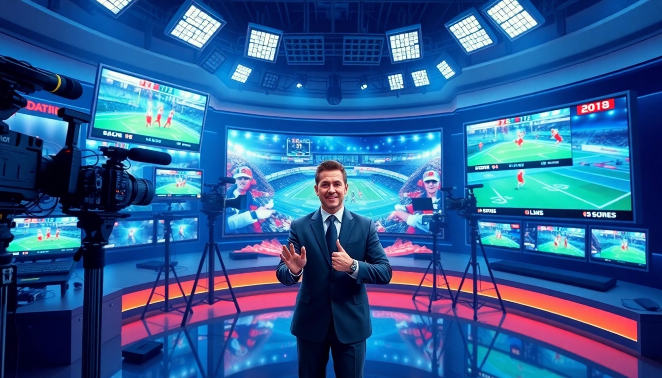 Sports Broadcasting studio with an enthusiastic host and multiple monitors.