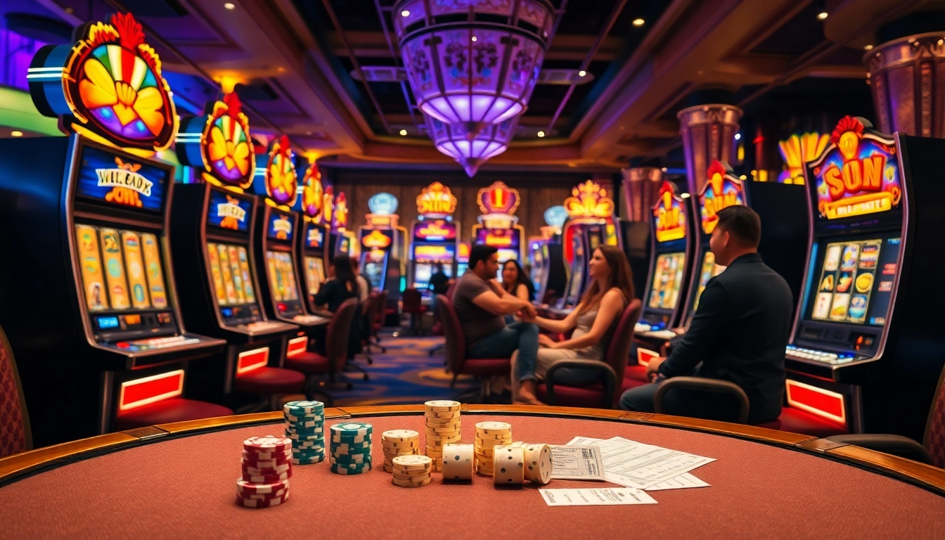 Engaged players enjoying the exciting idn slot machines in a vibrant casino atmosphere.