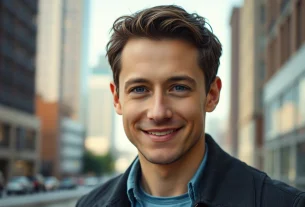 Joseph Gordon-Levitt smiling in a vibrant urban setting showcasing his charismatic presence.