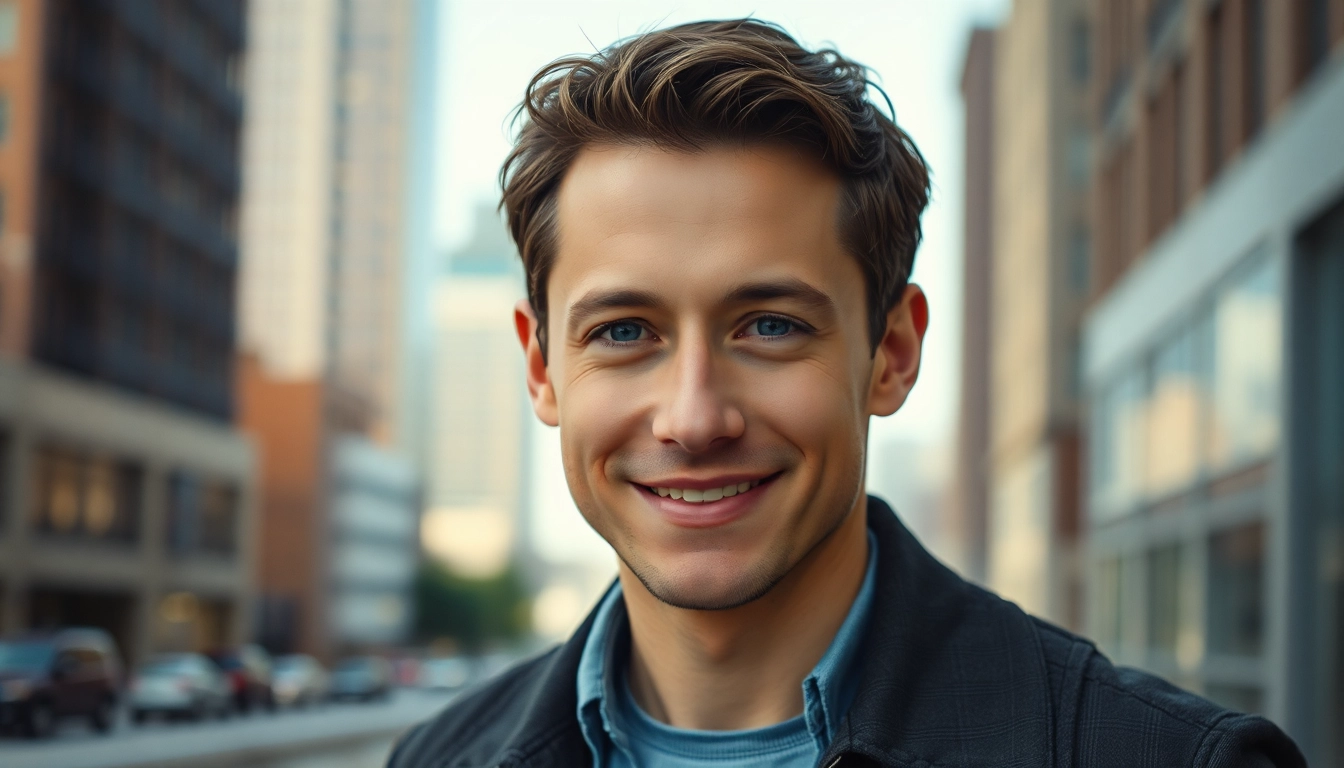 Joseph Gordon-Levitt smiling in a vibrant urban setting showcasing his charismatic presence.