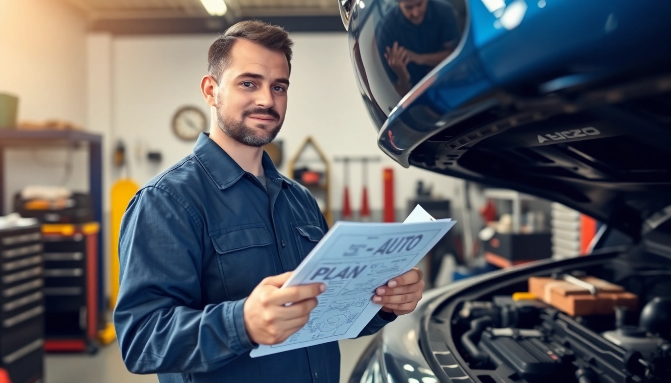 Mechanic reviewing details of an auto protection plan while inspecting a vehicle.