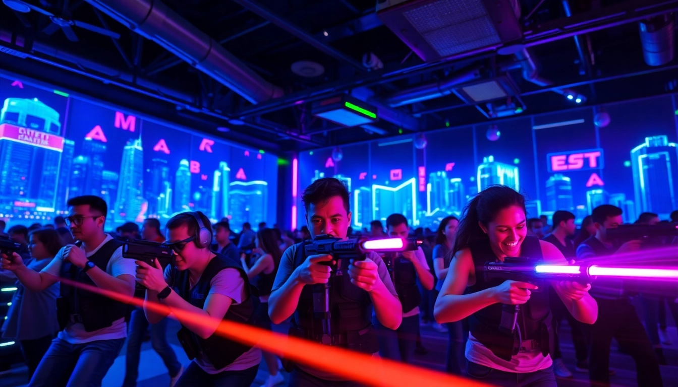 Energetic scene of players in Laser tag arena with high-tech gear and vivid lighting
