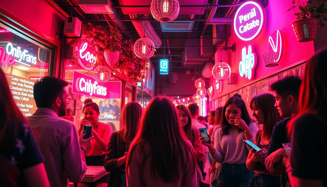 Find local OnlyFans creators in a lively urban nightlife setting with friendly social interactions.