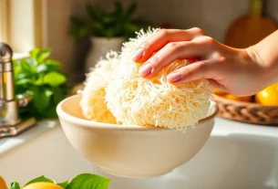 Explore kitchen loofah benefits with a loofah used for cleaning in a vibrant kitchen.