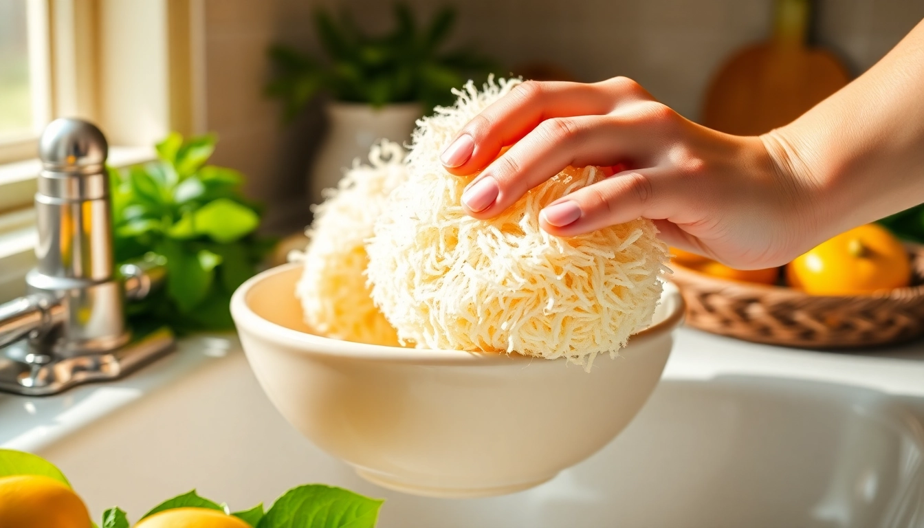 Explore kitchen loofah benefits with a loofah used for cleaning in a vibrant kitchen.