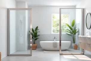 Showcasing sliding shower doors in a modern bathroom setting with elegant fixtures.