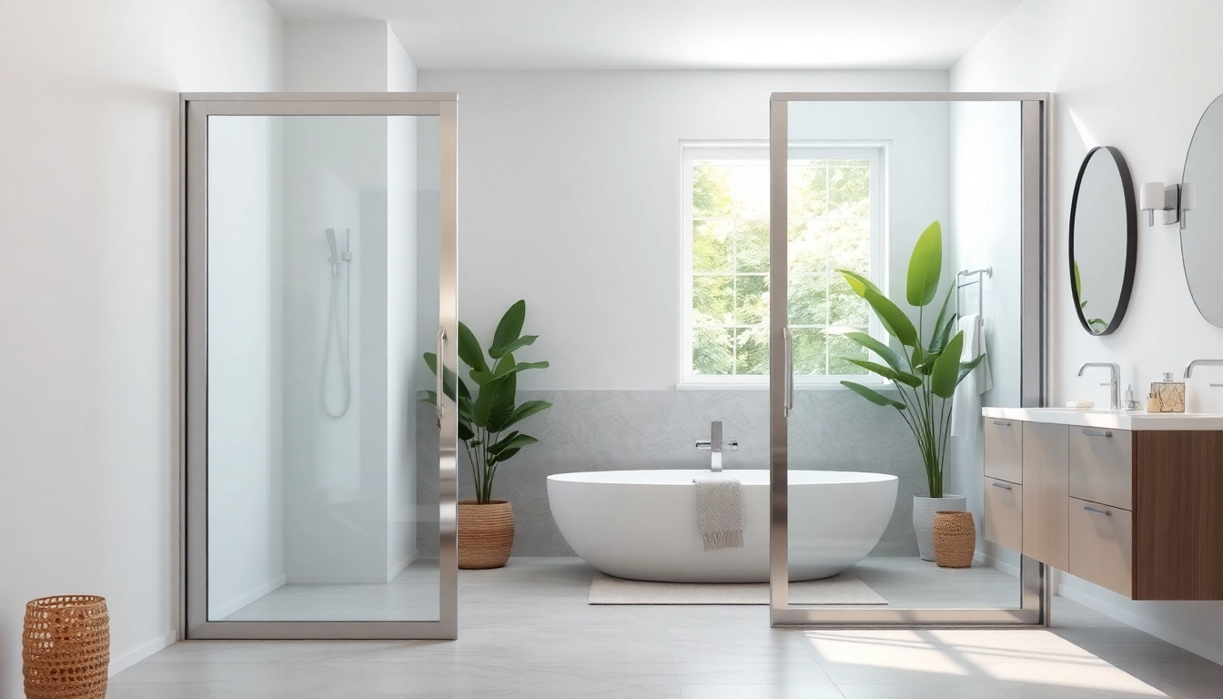 Showcasing sliding shower doors in a modern bathroom setting with elegant fixtures.