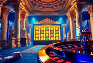 Putar mesin slot Olympus dikelilingi dekor kasino mewah bergaya Yunani.