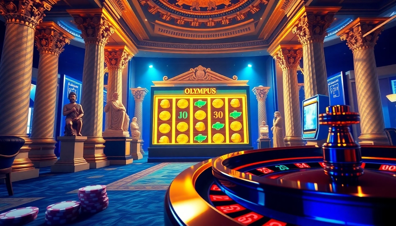 Putar mesin slot Olympus dikelilingi dekor kasino mewah bergaya Yunani.
