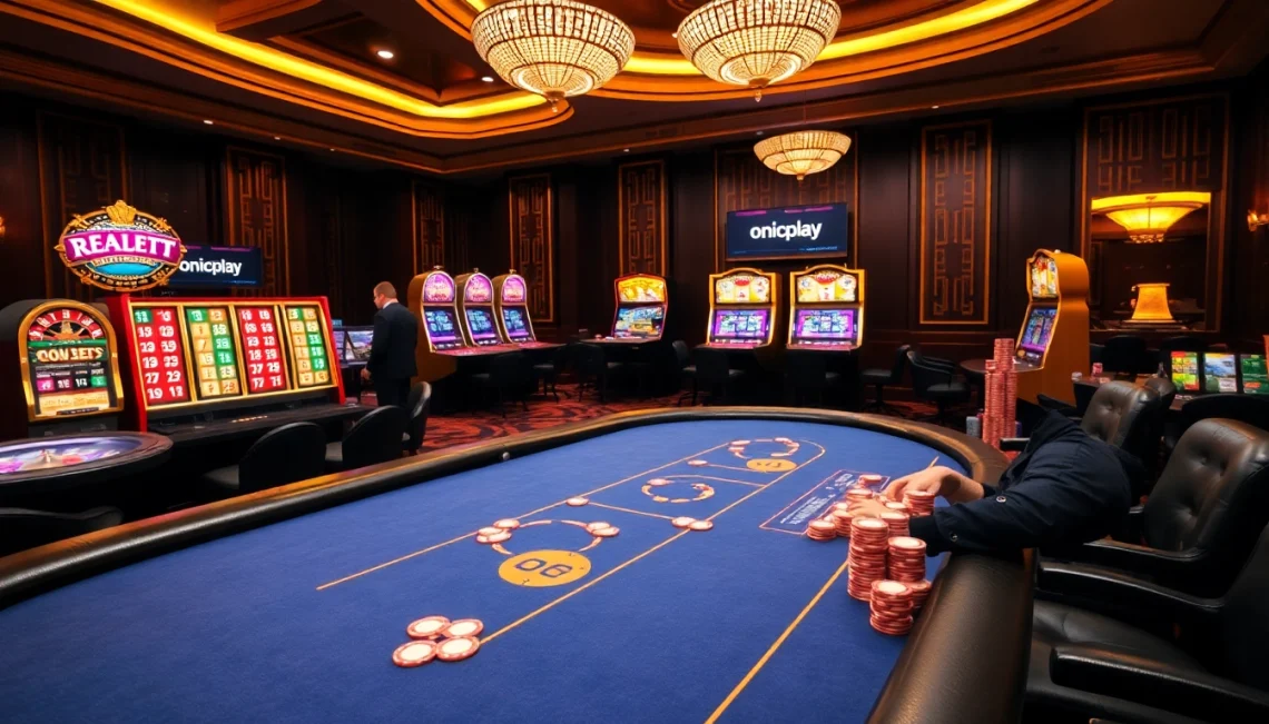 Experience the thrill of onicplay gaming at a luxurious casino with vibrant slot machines and elegant poker tables.