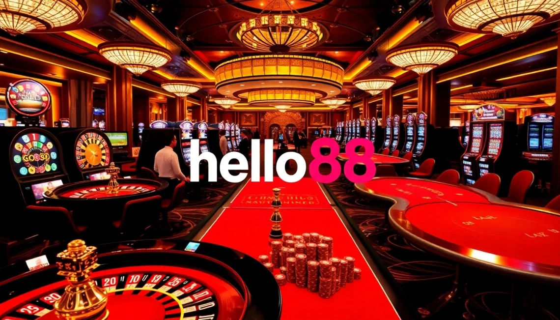 Hello88 garners excitement as players engage at luxurious casino tables with vibrant decor.