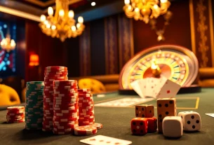 L'excitation de l'action aux meilleurs casino en ligne avec des jetons de poker, des cartes et une roulette tournante.