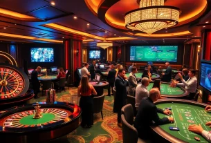 Engaged gamblers enjoying situs bola online in a vibrant casino atmosphere with roulette wheels and poker tables.
