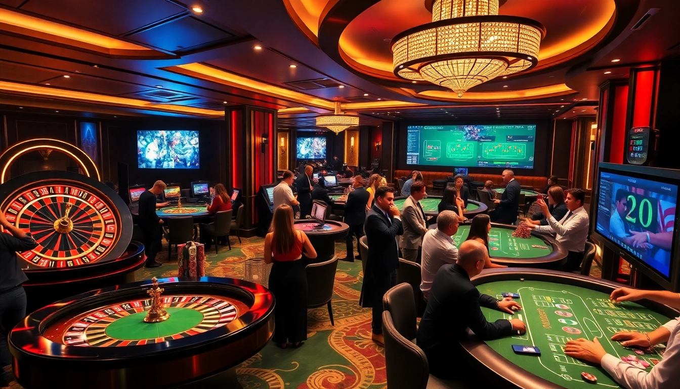 Engaged gamblers enjoying situs bola online in a vibrant casino atmosphere with roulette wheels and poker tables.