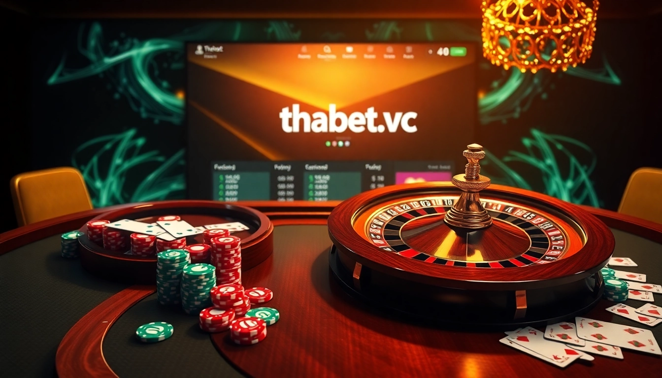 Engaging online casino scene showcasing https://thabet.vc/ with vibrant poker chips and roulette wheel.