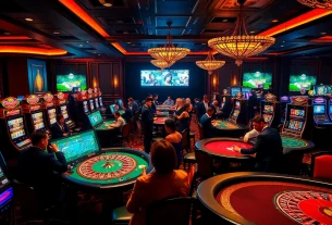 Joueurs excités dans un casino en ligne français luxueux proposant du poker, de la roulette et des machines à sous.