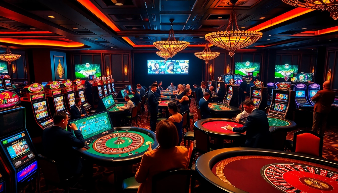 Joueurs excités dans un casino en ligne français luxueux proposant du poker, de la roulette et des machines à sous.