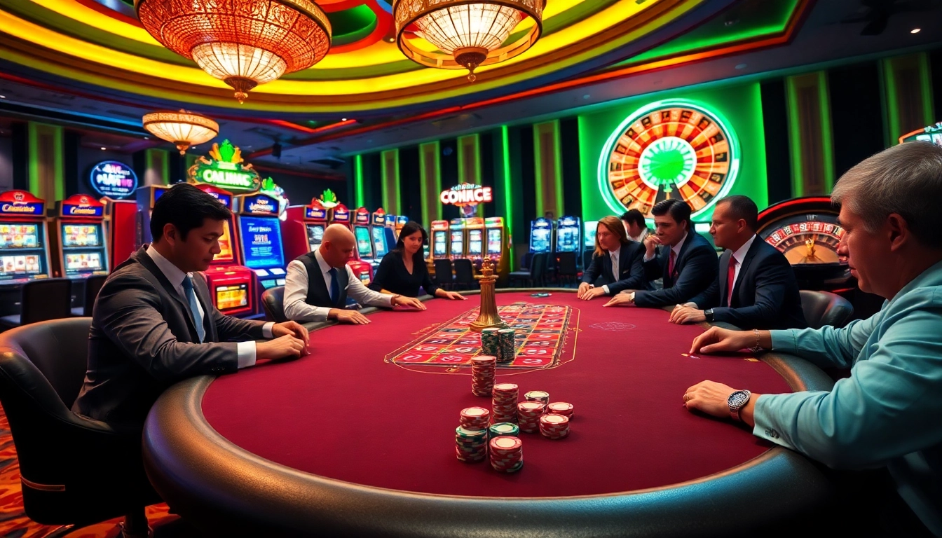 Ressentez l'excitation des meilleurs casino en ligne avec une scène de jeu de poker élégante mettant en vedette des tables luxueuses et des jetons colorés.