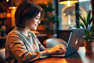 年轻专业人士在舒适的咖啡馆使用快连VPN，享受无缝连接。