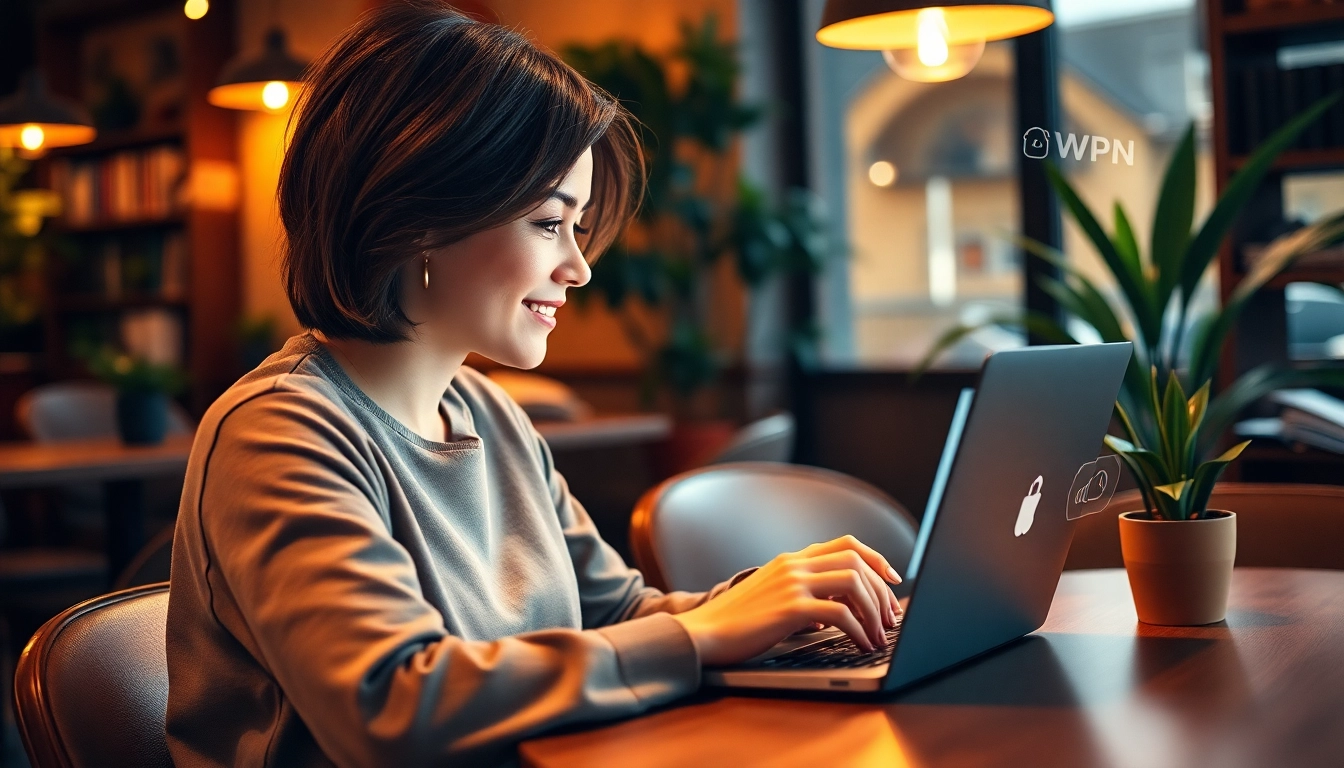 年轻专业人士在舒适的咖啡馆使用快连VPN，享受无缝连接。